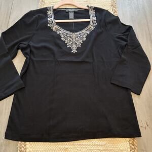 NWT Nine West Black White Floral Embroidered Neckline Sz XL Dark Romantic Shirt